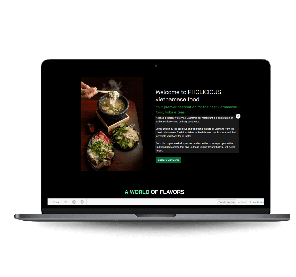 Pholicious Vietnamese restaurant website featuring steaming noodle soup and fresh herbs with welcome message and menu exploration option
