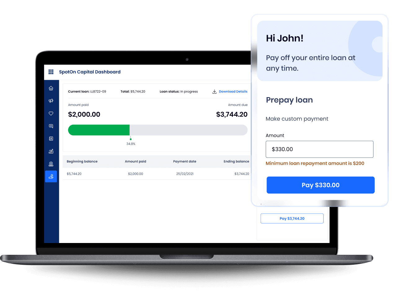 SpotOn Capital Dashboard showing loan details: ID LL8722-09, total $5,744.20, with $2,000.00 paid and $3,744.20 remaining, progress bar at 34.8% completion