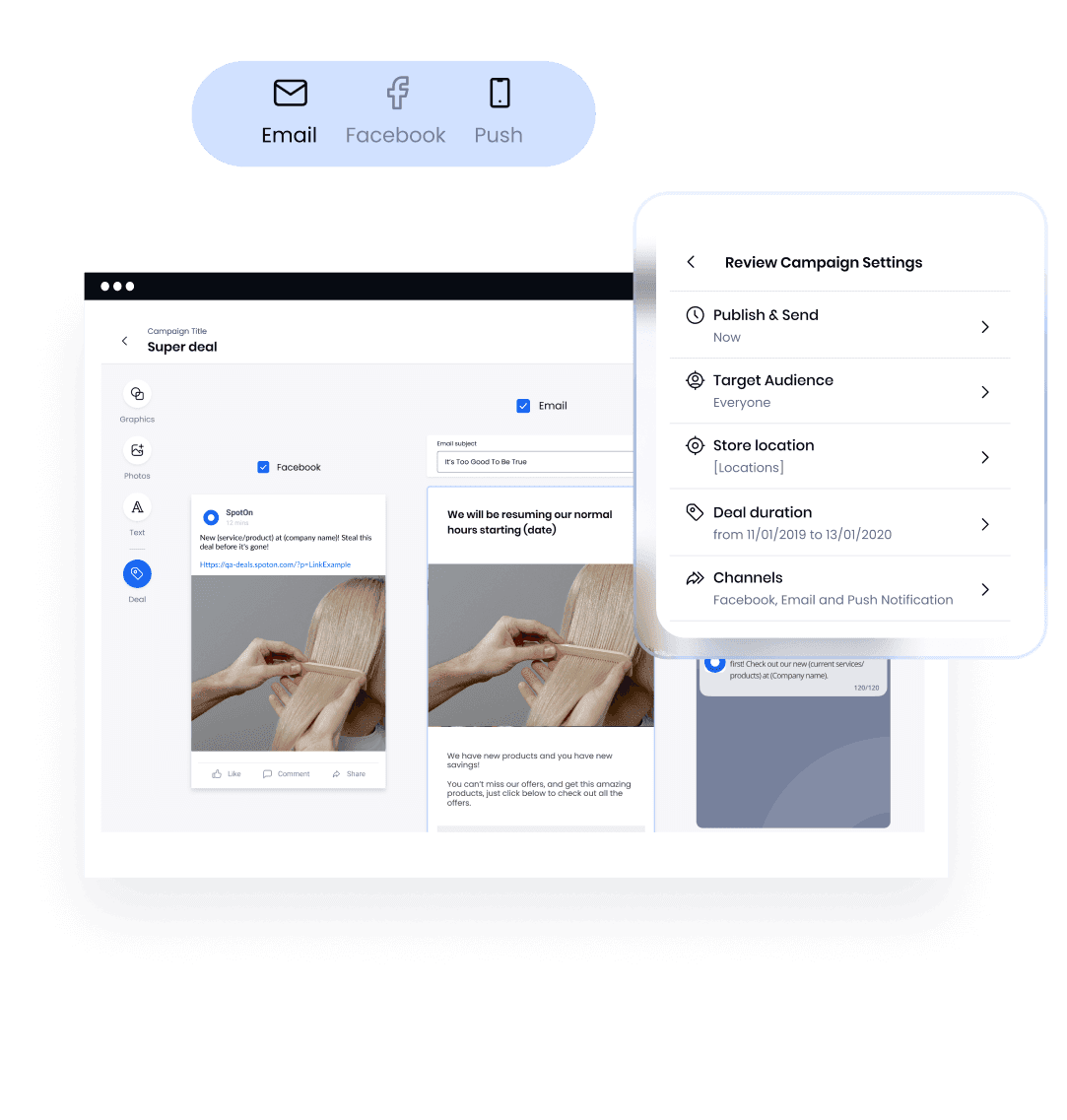 Marketing campaign interface with options for email, Facebook, and push notification channels, showing campaign duration from November 2019 to January 2020