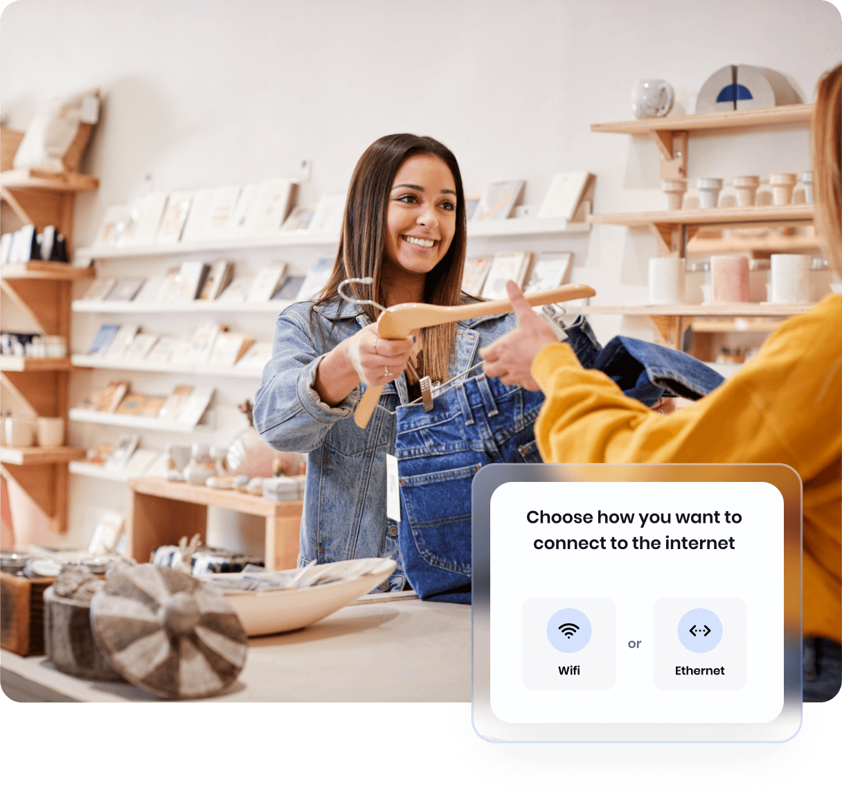 Retail store scene with staff member showing merchandise, overlaid with internet connection setup interface