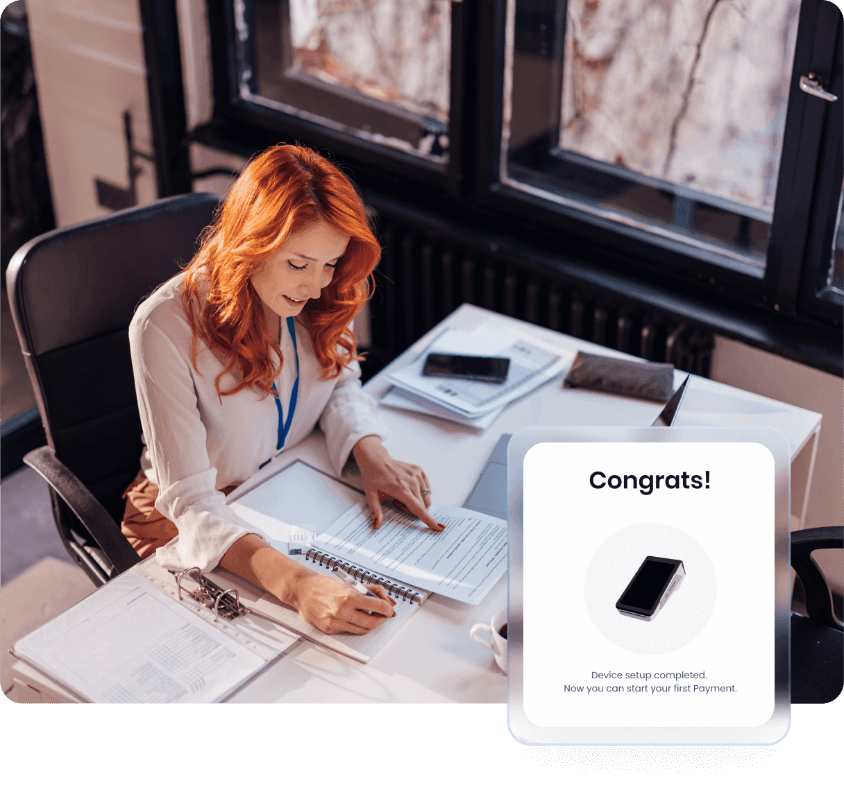 Device setup completion screen with 'Congrats!' message confirming payment terminal is ready for first transaction