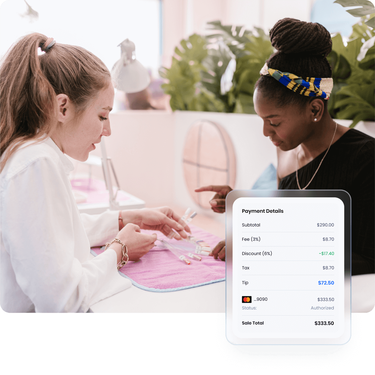 Two professionals reviewing documents with a payment details interface showing $290.00 subtotal, 3% fee, 6% discount, and $72.50 tip, totaling $333.50