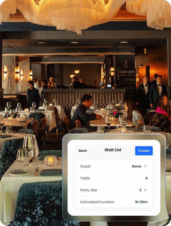 Upscale restaurant dining room with crystal chandeliers and white tablecloths, featuring a waitlist management interface