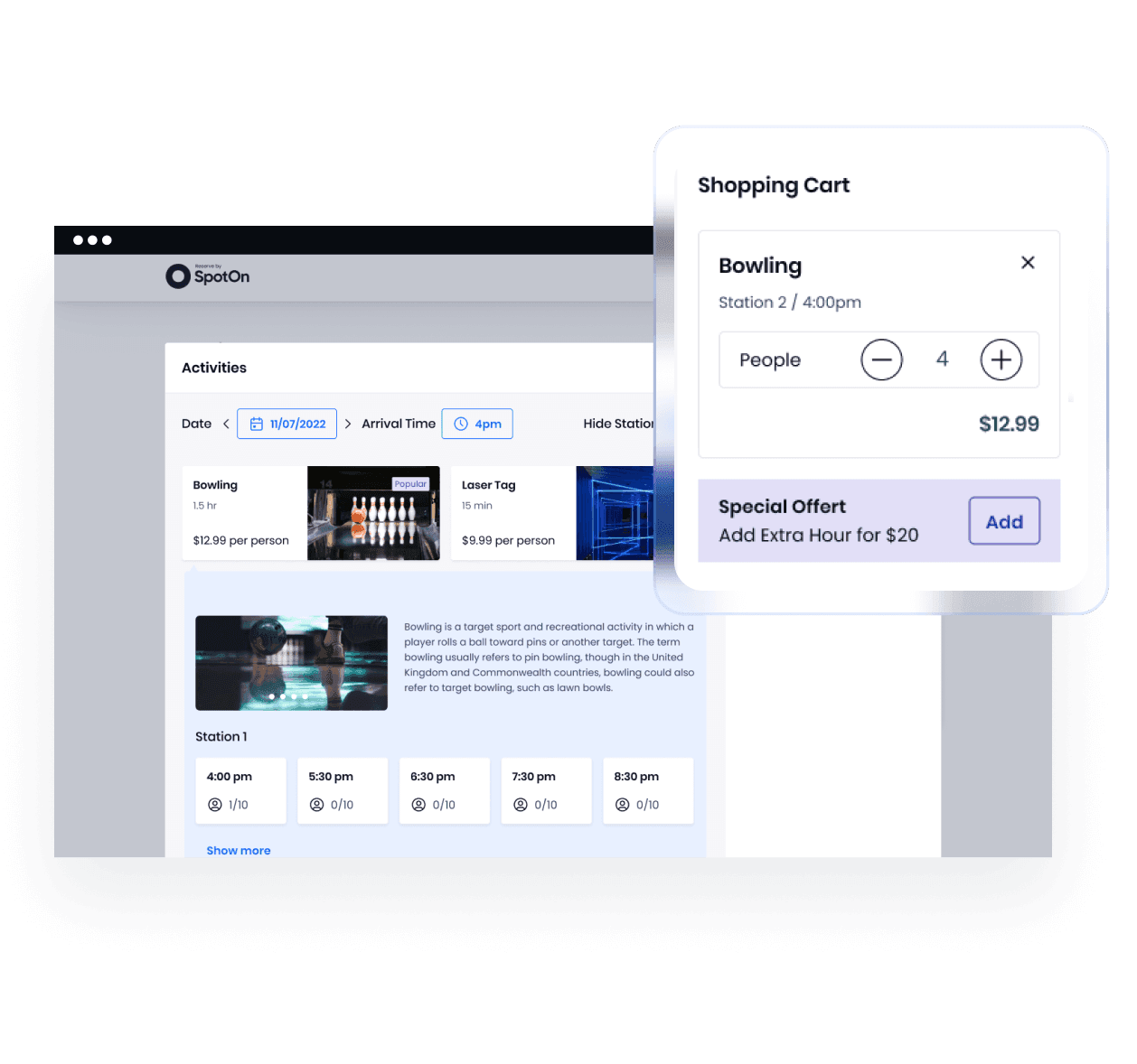 Activity booking interface showing bowling lanes schedule with $12.99 per person pricing and special offer for extra hour at $20