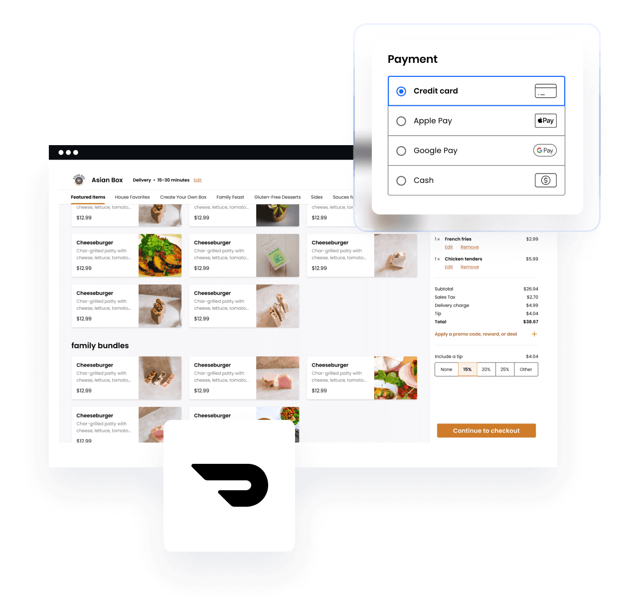 Online ordering interface for Asian Box restaurant showing menu items, payment options, and checkout total of $33.67