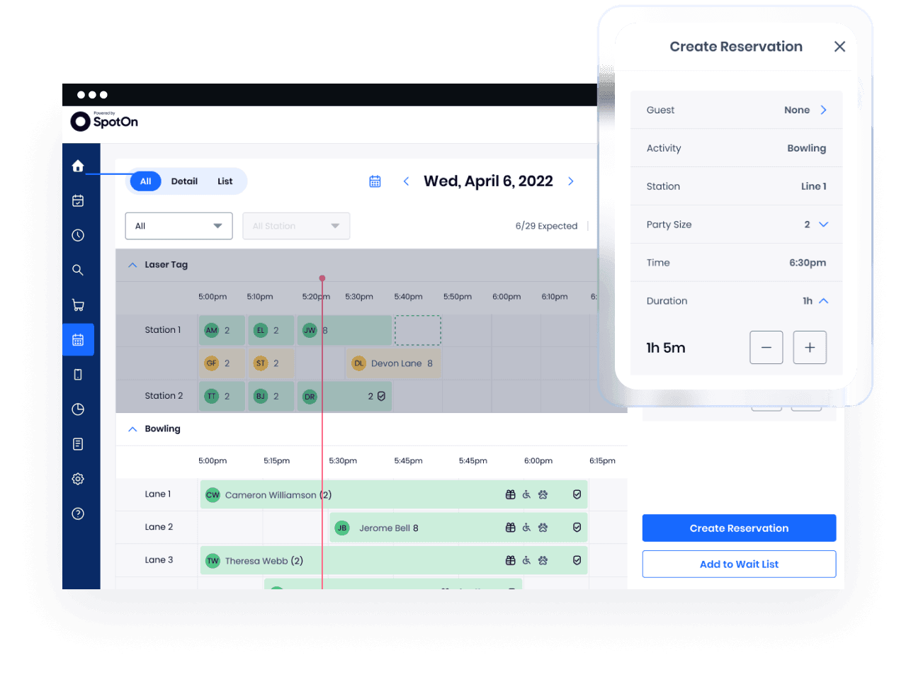 Detailed reservation system displaying bowling lanes and laser tag availability with accessibility options and waitlist feature