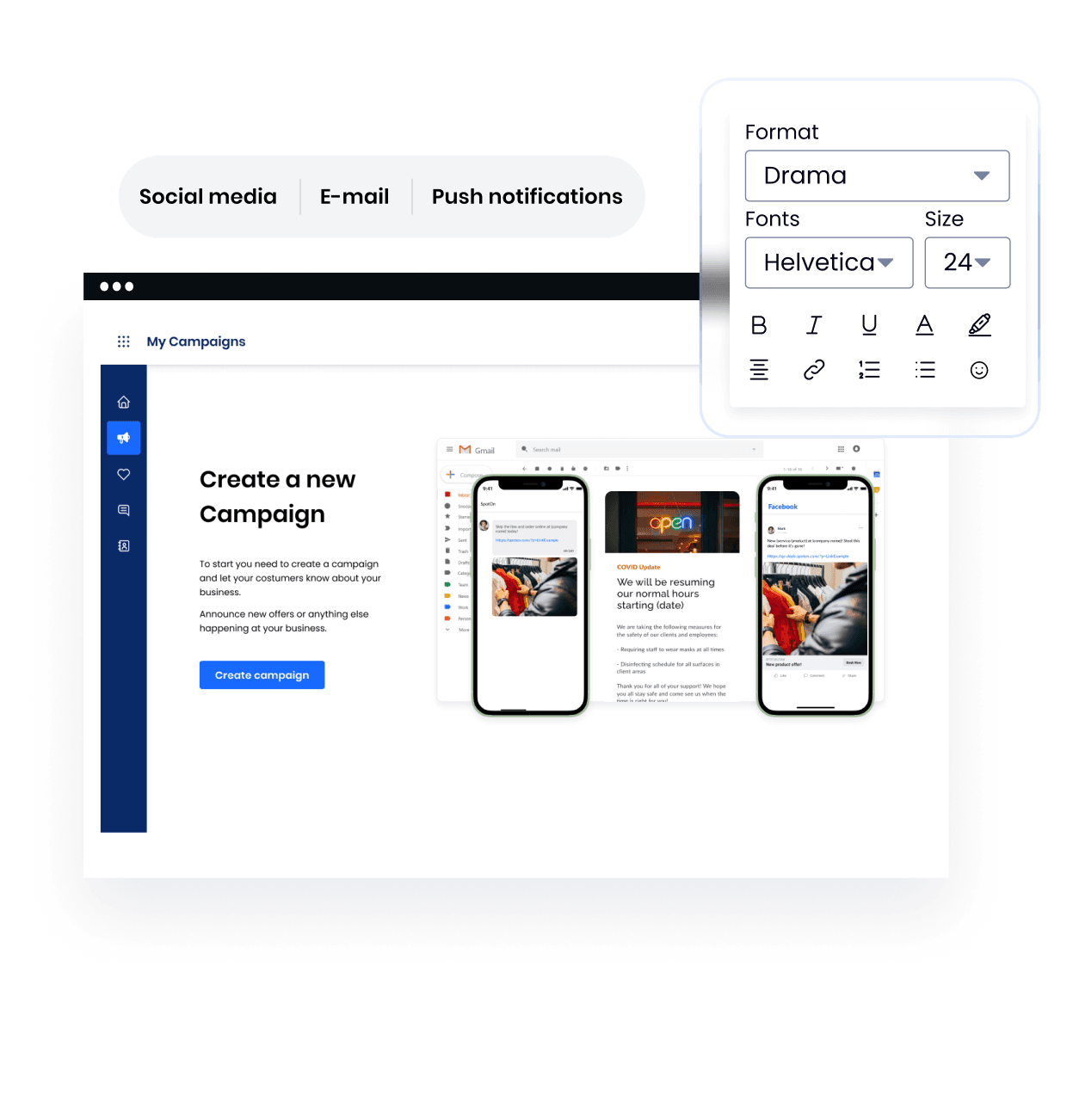 Campaign creation interface with social media, email, and push notification options, showing mobile preview examples