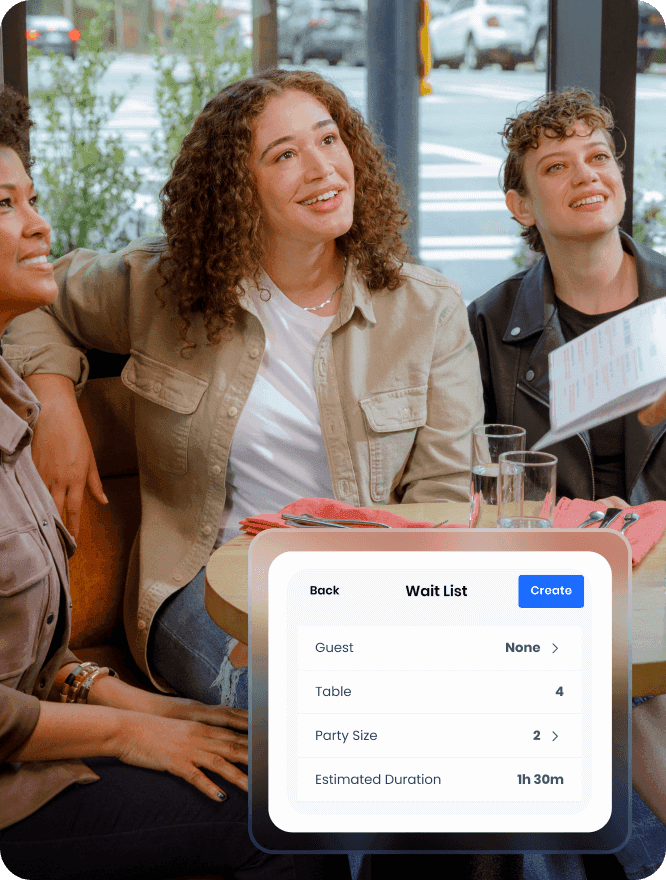 Diners engaged in conversation at a restaurant table, with an interface showing waitlist details for table 4 and a party of 2