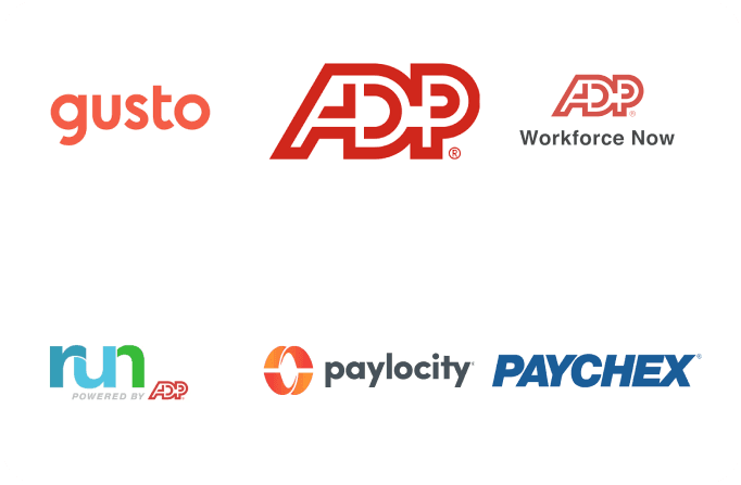 Logos in white rectangle with rounded cornres on black background of Gusto, ADP, ADP Workforce Now, run powered by ADP, paylocity, PAYCHEX