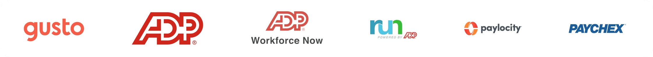 Logos in white rectangle with rounded cornres on black background of Gusto, ADP, ADP Workforce Now, run powered by ADP, paylocity, PAYCHEX