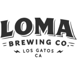 Black signature with capital letters on transparent background "LOMA" and below it is written with smaller capital black letters "BREWING CO.", below which is written with smaller black letters "Los Gatos CA"