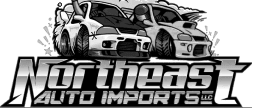 Image of two cars and a gray signature with capital letters "NORTHEAST AUTO IMPORTS LLC"
