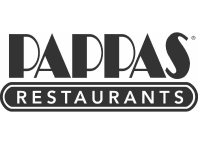 Black signiture with capital letters on transparent background "PAPPAS" and below it is written with smaller capital white letters on black background "RESTAURANTS"