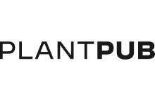 Company name on transparent background with capital letters "PLANTPUB" - first five letters are grey and the others are black