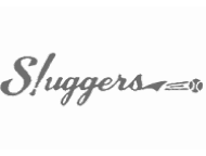 Sluggers sports bar and restaurant logo with baseball bat design element in cursive script