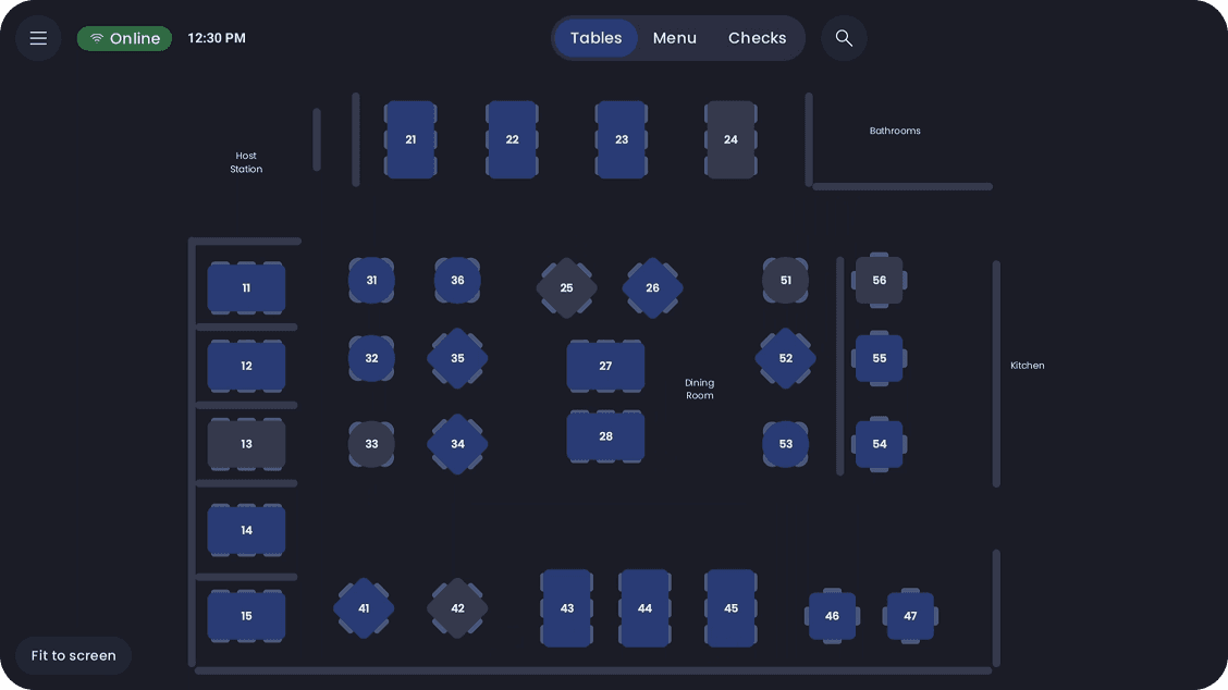 Full service POS interface showing table layouts